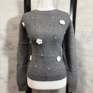 Limassimo Sweater Large Gray Knit Faux Pearl Crochet Flower Coquette Soft Girl